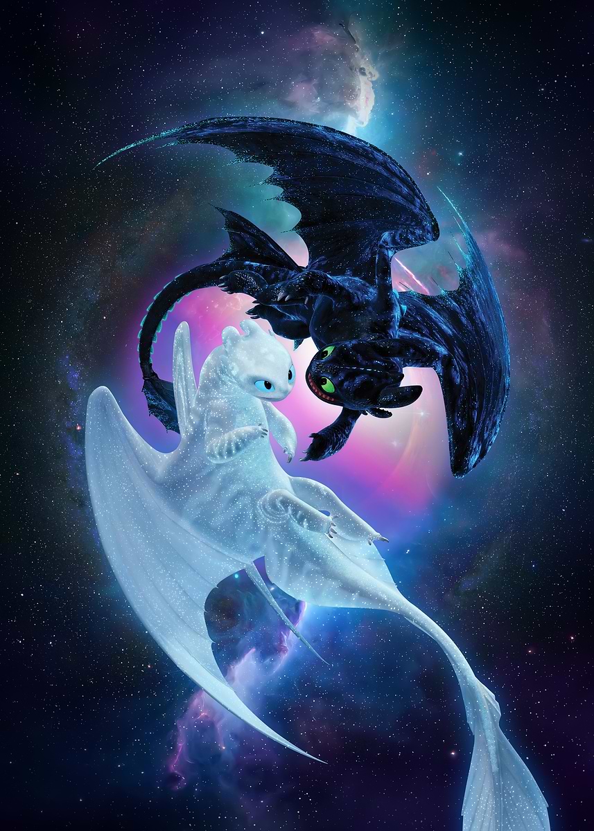 Discover the captivating realm where fantasy soars on celestial wings with Night and Light Fury, a digital masterpiece that celebrates the iconic animation of DreamWorks` How to Train Your Dragon. 