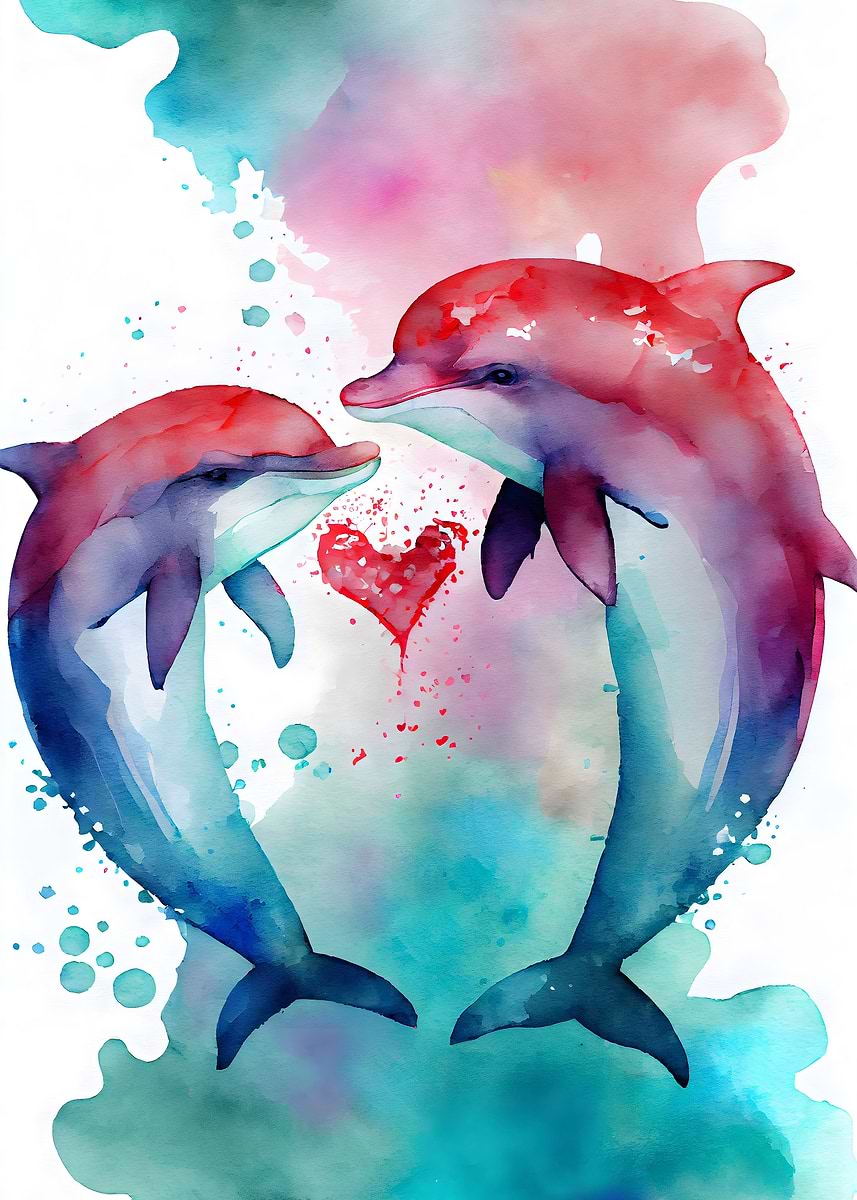 'Dolphin Couple Love Story' Poster, picture, metal print, paint by Ali ...