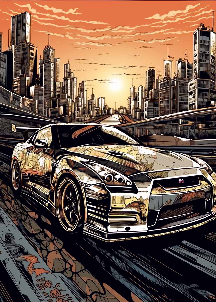 City Skyline GTR R35 — from the Trending Cars Retro collection, a Pixaverse metal print