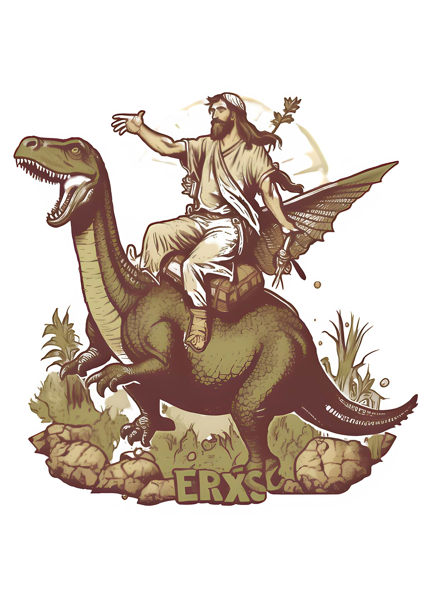 Jesus Rode A T Rex 'Jesus Riding A Dino Rex' Poster, picture, metal print, paint by Color ...