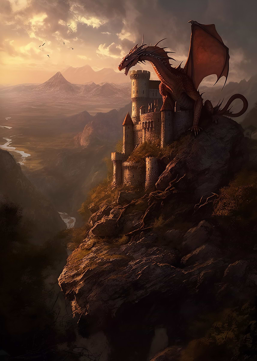 Sunset over Dragons Keep — from the Dragons Lair collection, a Pixaverse metal print