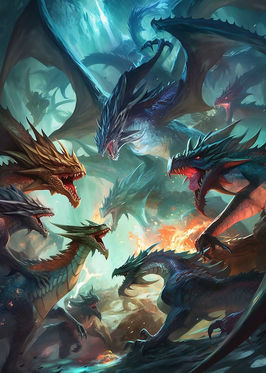 Dragon Battle Royale — from the Dragons Lair collection, a Pixaverse metal print