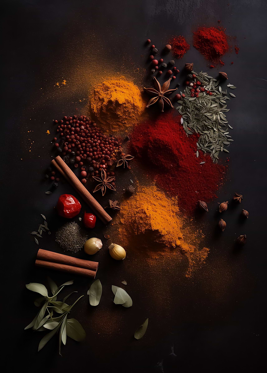 Red and Orange Spices — from the Culinary Canvas collection, a Pixaverse metal print