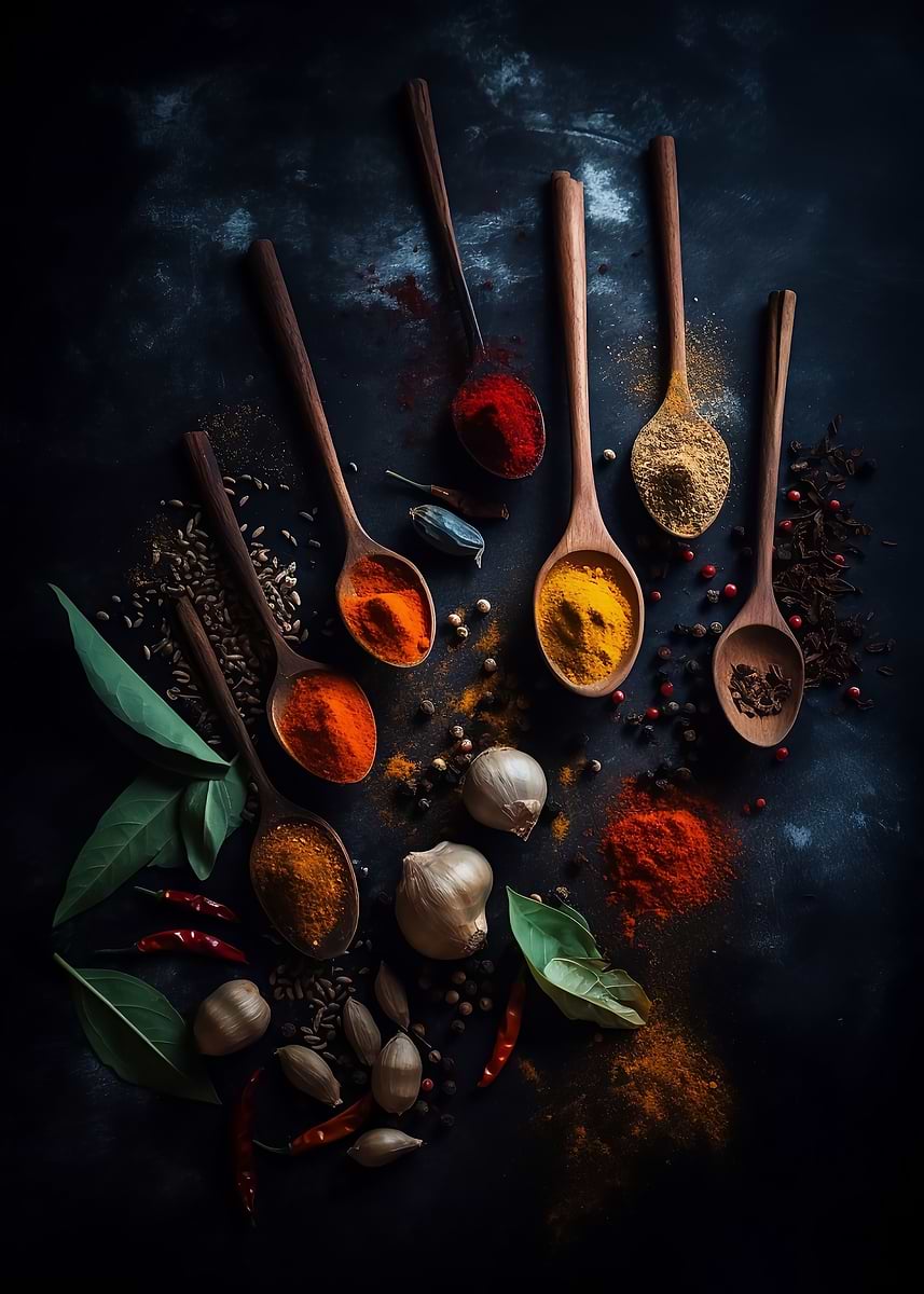 Colorful Spices and Spoons — from the Culinary Canvas collection, a Pixaverse metal print