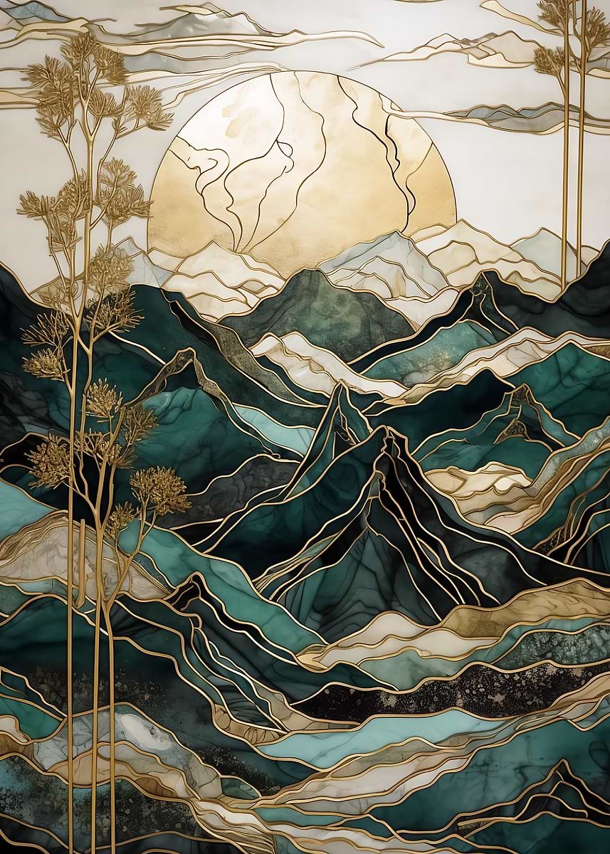 Abstract Mountain Sunset — from the Abstract Nature Kintsugi collection, a Pixaverse metal print