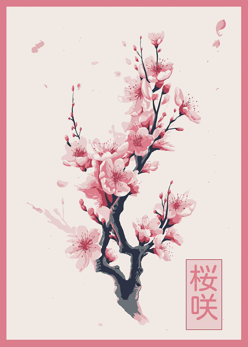 Sakura branch Pink' Poster, picture, metal print, paint by Simon