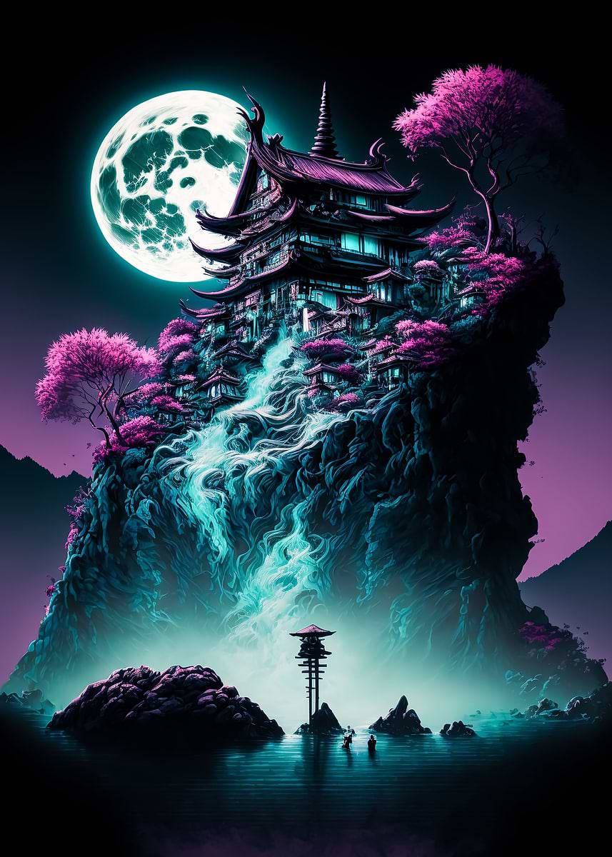 ' japanese landscape neon' Poster, picture, metal print, paint by ...