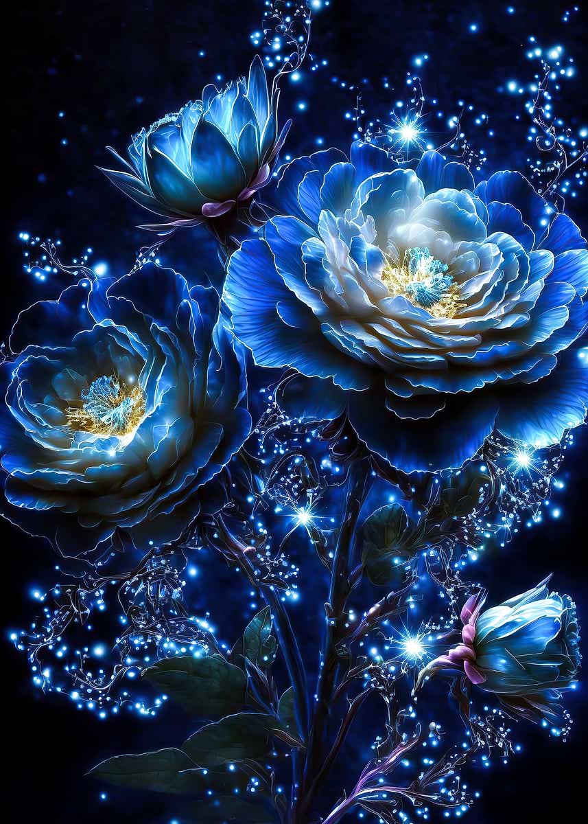 Blue Neon Flowers' Poster, picture, metal print, paint by Sohail