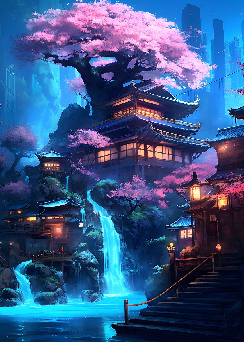 Neon Waterfall Temple — from the Soul Of Japan collection, a Pixaverse metal print