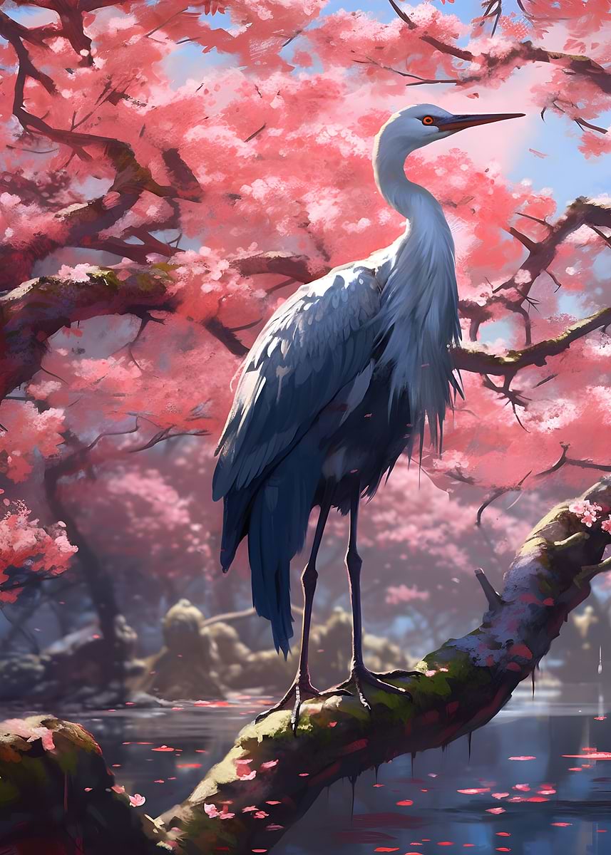 Serene Sakura Crane — from the Soul Of Japan collection, a Pixaverse metal print