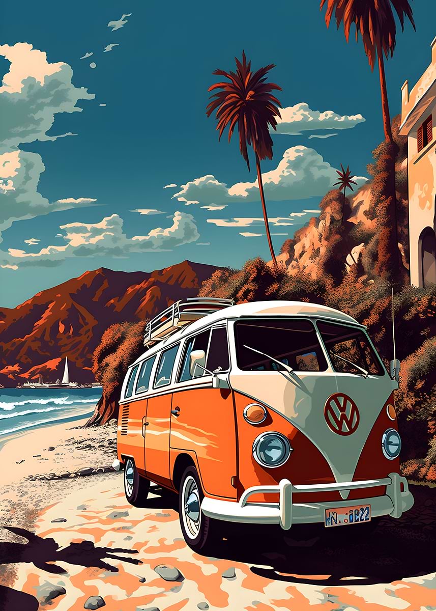 Retro VW Bus Beach Travel — from the Trending Cars Retro collection, a Pixaverse metal print