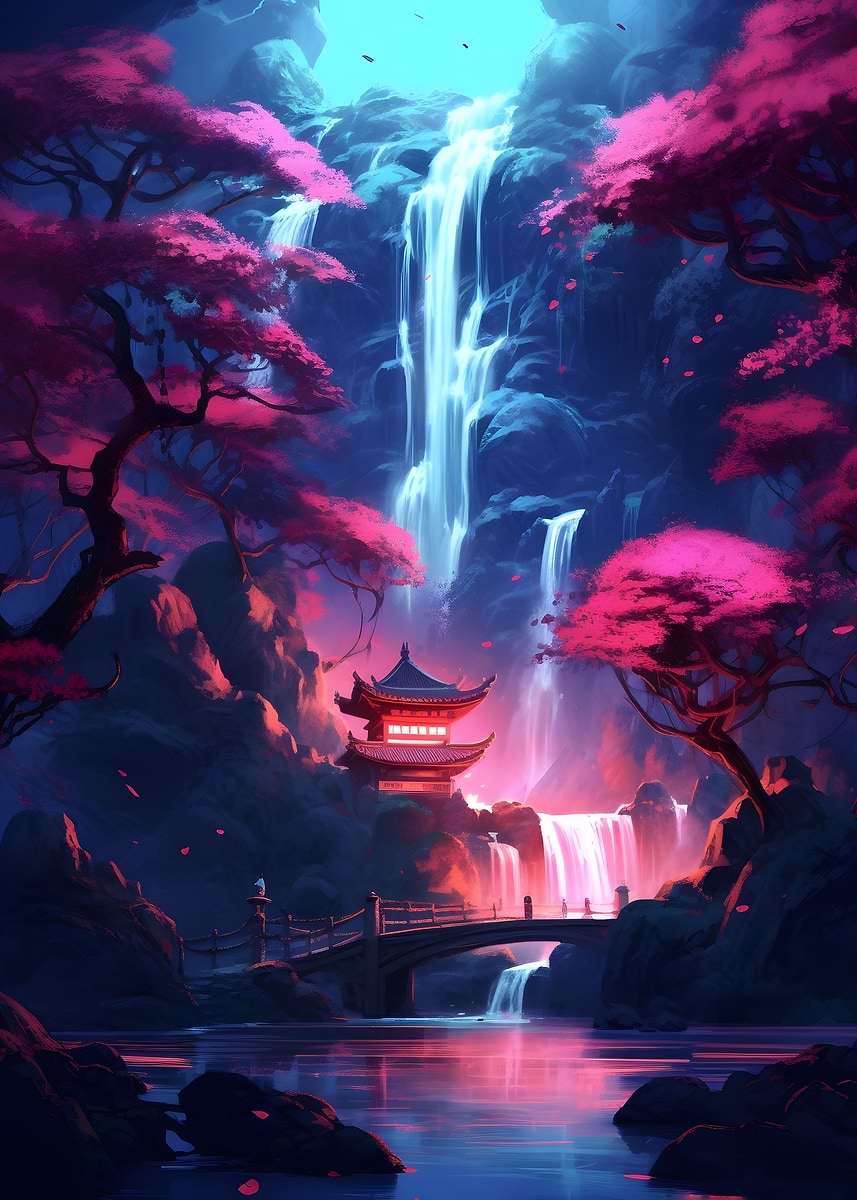 Sakura Waterfall Temple — from the Soul Of Japan collection, a Pixaverse metal print