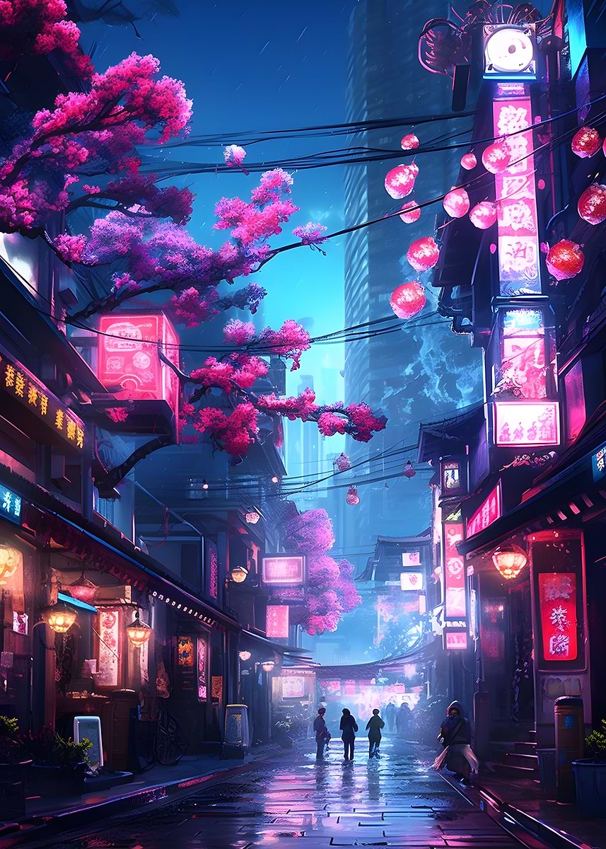 Neon Tokyo Sakura Street — from the Soul Of Japan collection, a Pixaverse metal print