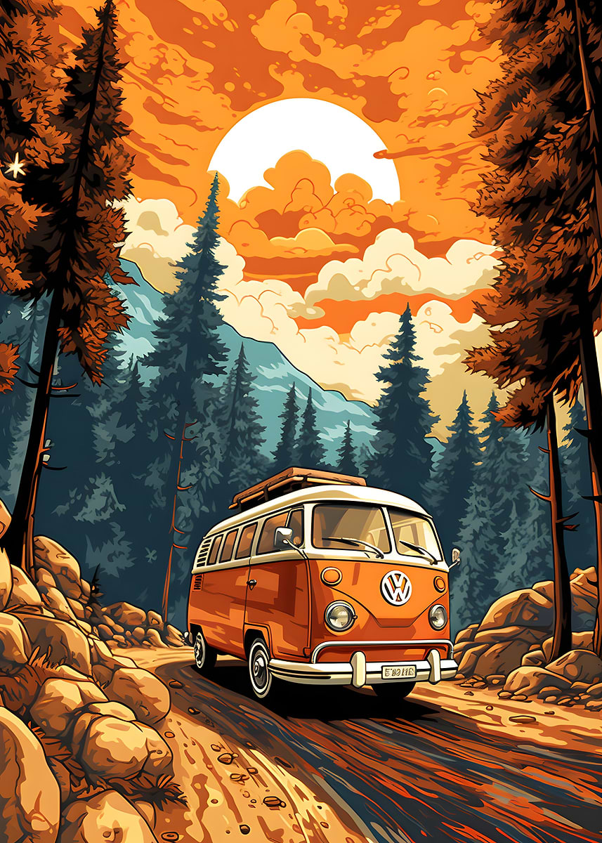 Retro VW Bus Mountain Ride — from the Trending Cars Retro collection, a Pixaverse metal print