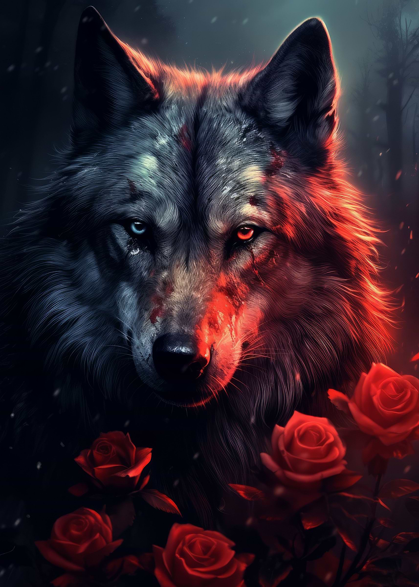 wolf powerful in red rose Poster, Picture & Metal Print – Wildlife