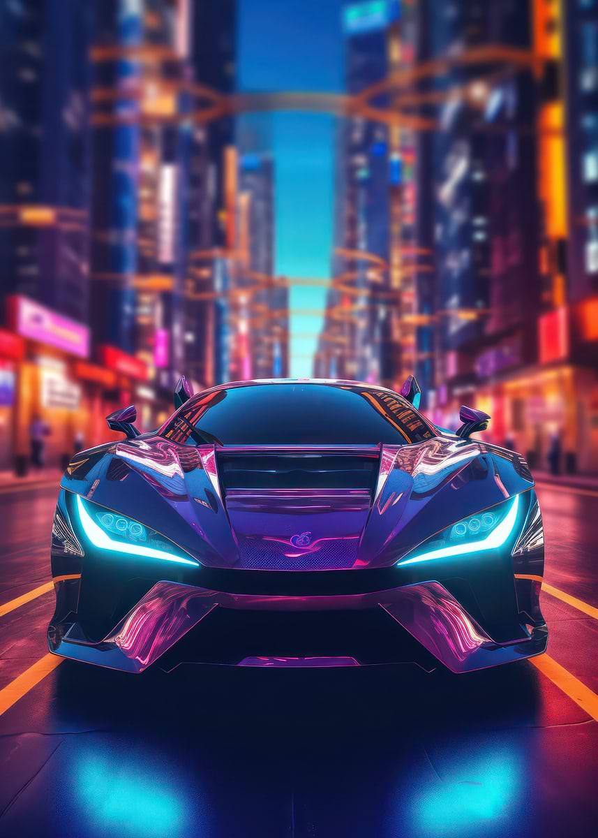 Asian Neon City Sports Car' Poster, picture, metal print, paint by