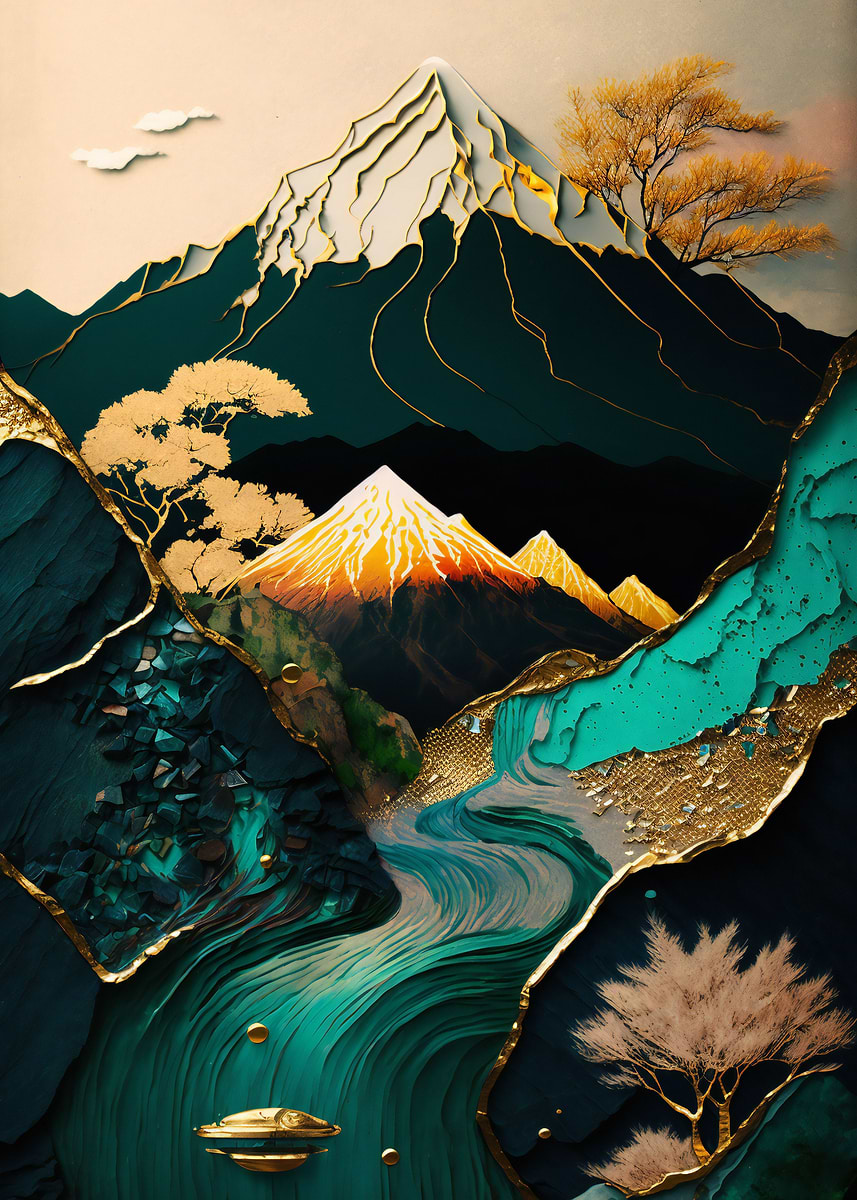 Abstract Mount Fuji Art — from the Abstract Nature Kintsugi collection, a Pixaverse metal print