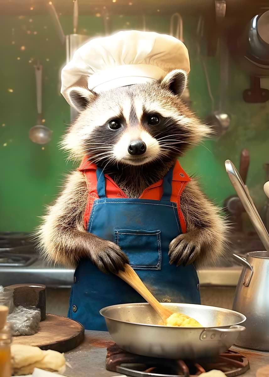 'Raccoon cooking kitchen' Poster, picture, metal print, paint by ...