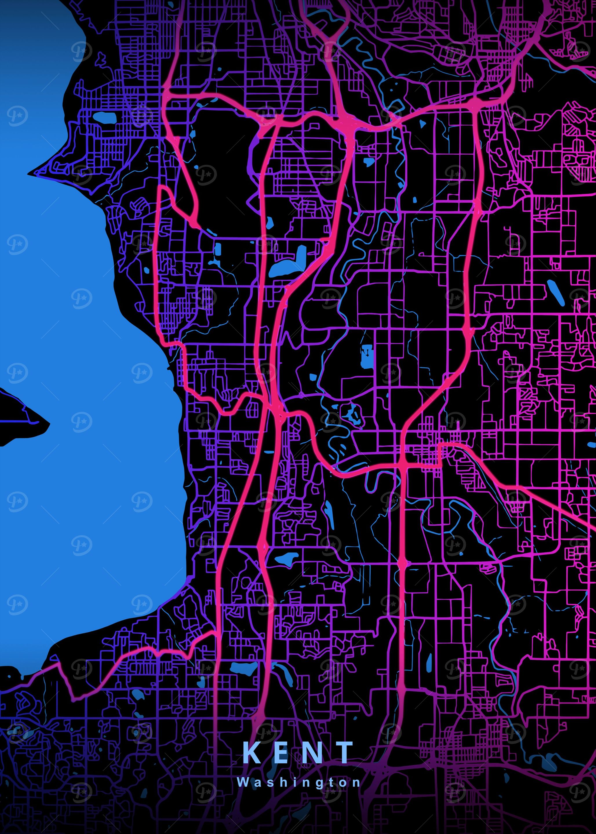 Kent Wa 'Kent Washington Map' Poster, picture, metal print, paint by Deeo ...