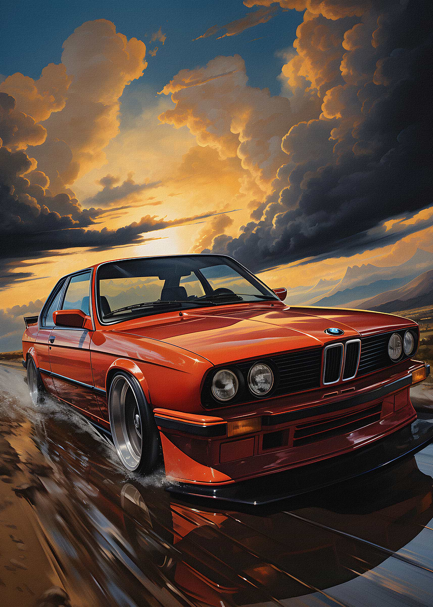 BMW M3 E30 Sunset Painting — from the Trending Cars Retro collection, a Pixaverse metal print