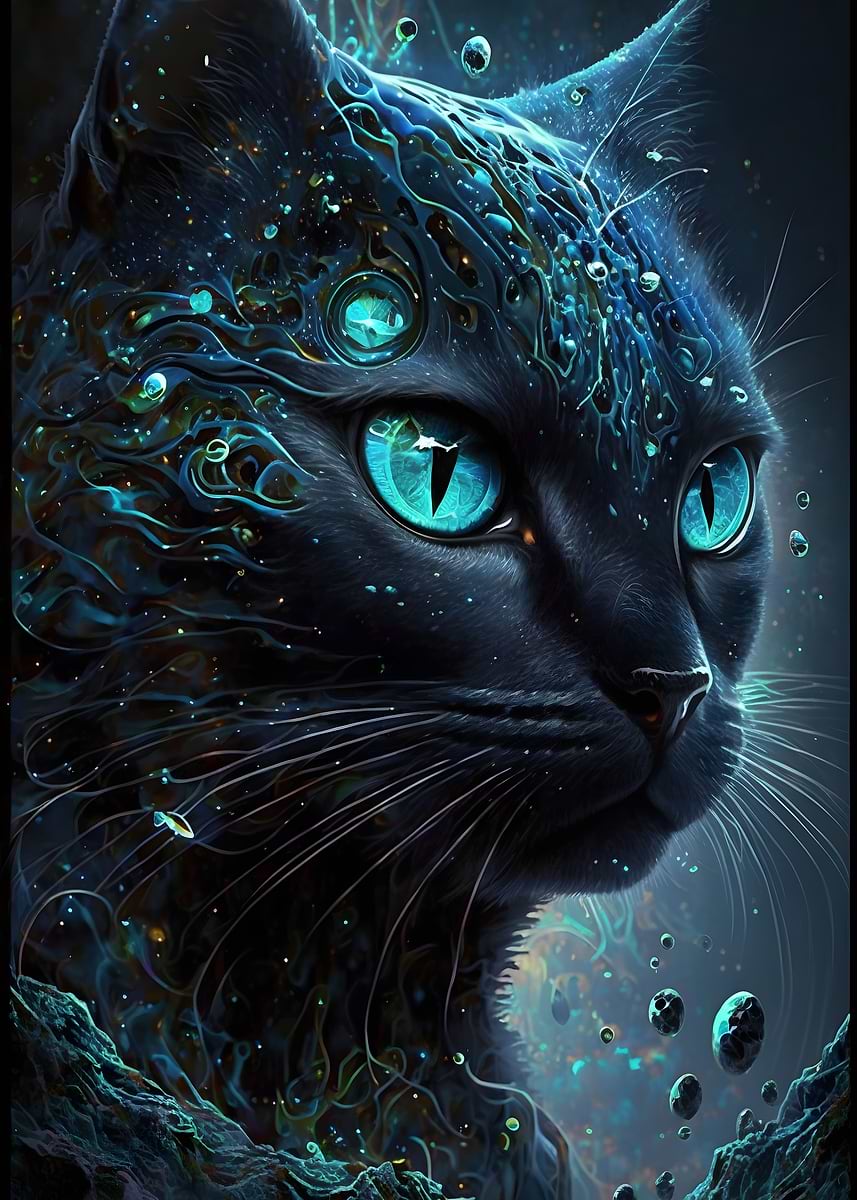 Black cat with colored eye' Poster, picture, metal print, paint by