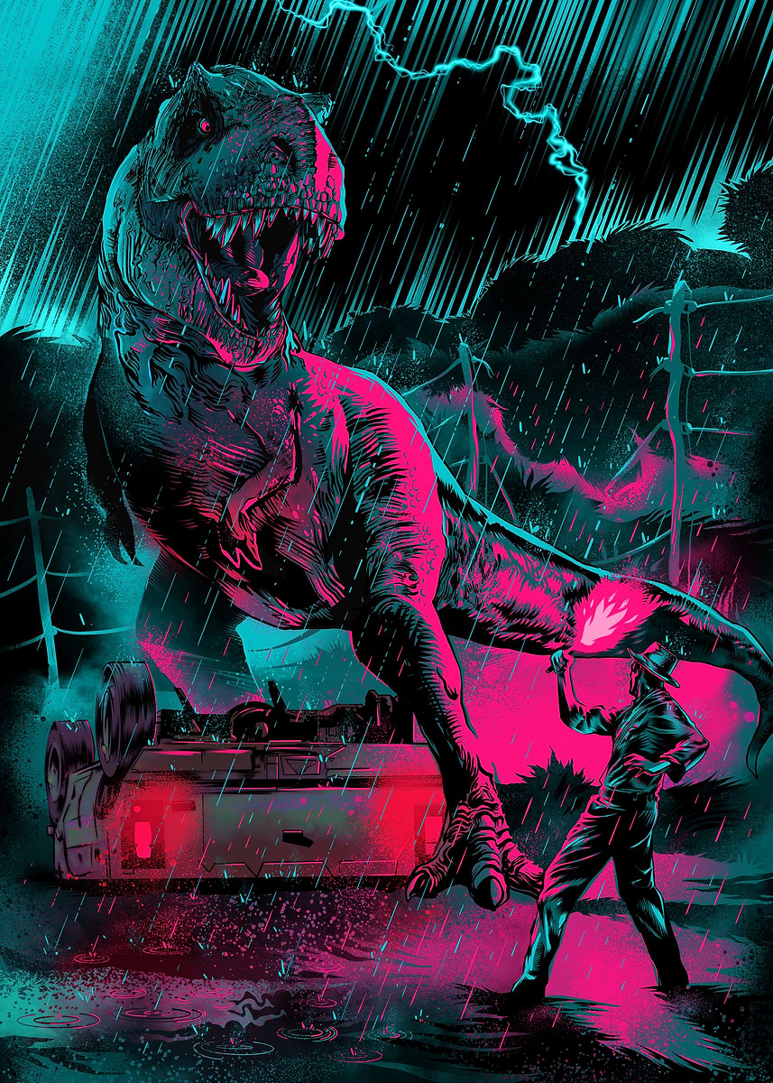 Escape into the electrifying world of `T-Rex On The Loose`—a captivating piece from our Jurassic Park Illustrations collection. This digital masterpiece hums with an adrenaline-charged confrontation between man and beast, where a menacing Tyrannosaurus Rex dominates the frame, illuminated by stark neon pinks and blues.