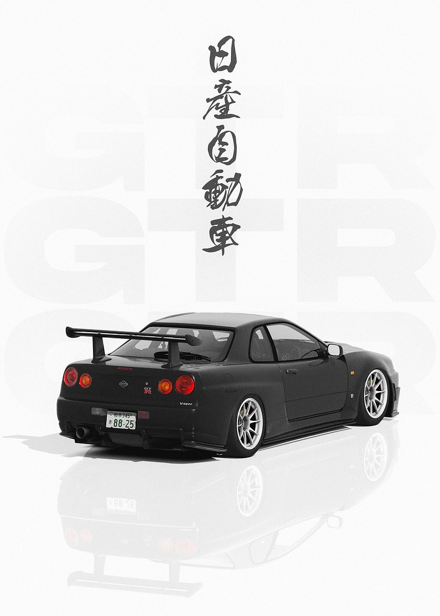 Gt R R34 Black Bg 'Black Nissan GTR R34' Poster, picture, metal print, paint by Yannick ...