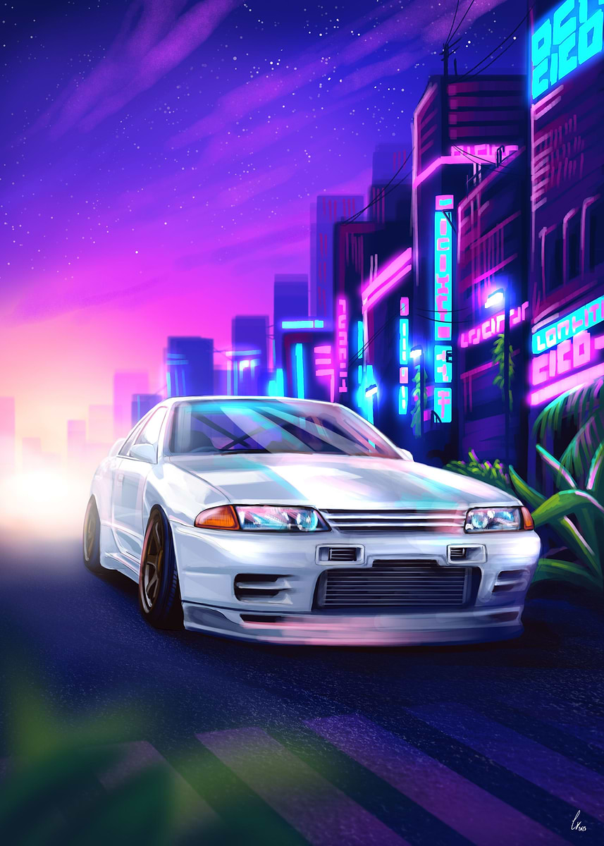 日産 スカイライン  3D クリスタルアート Nissan R35 Neon Car Print Futuristic Racetrack Drive Car Wall Art