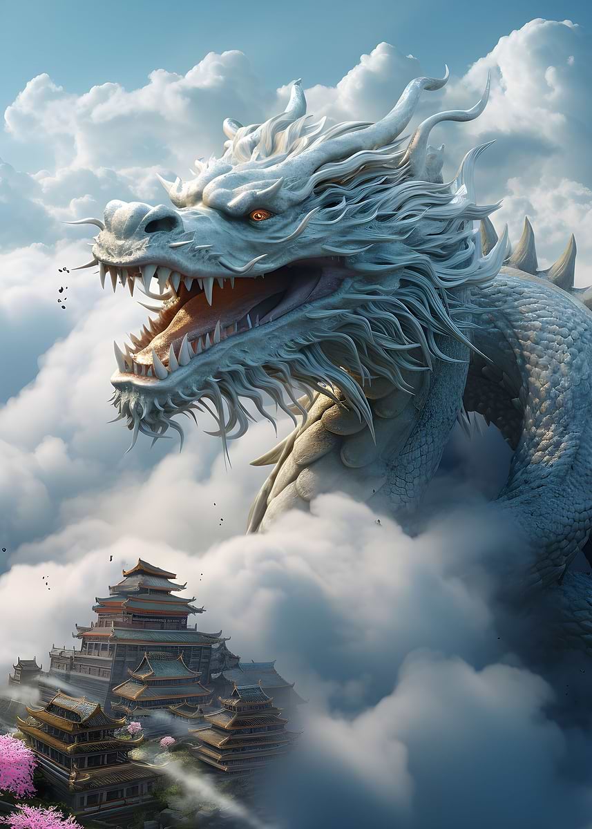 Asian Dragon Sky Encounter — from the Dragons Lair collection, a Pixaverse metal print