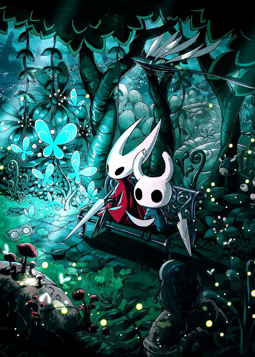 The artwork is a digital painting of two characters from the video game Hollow Knight. 