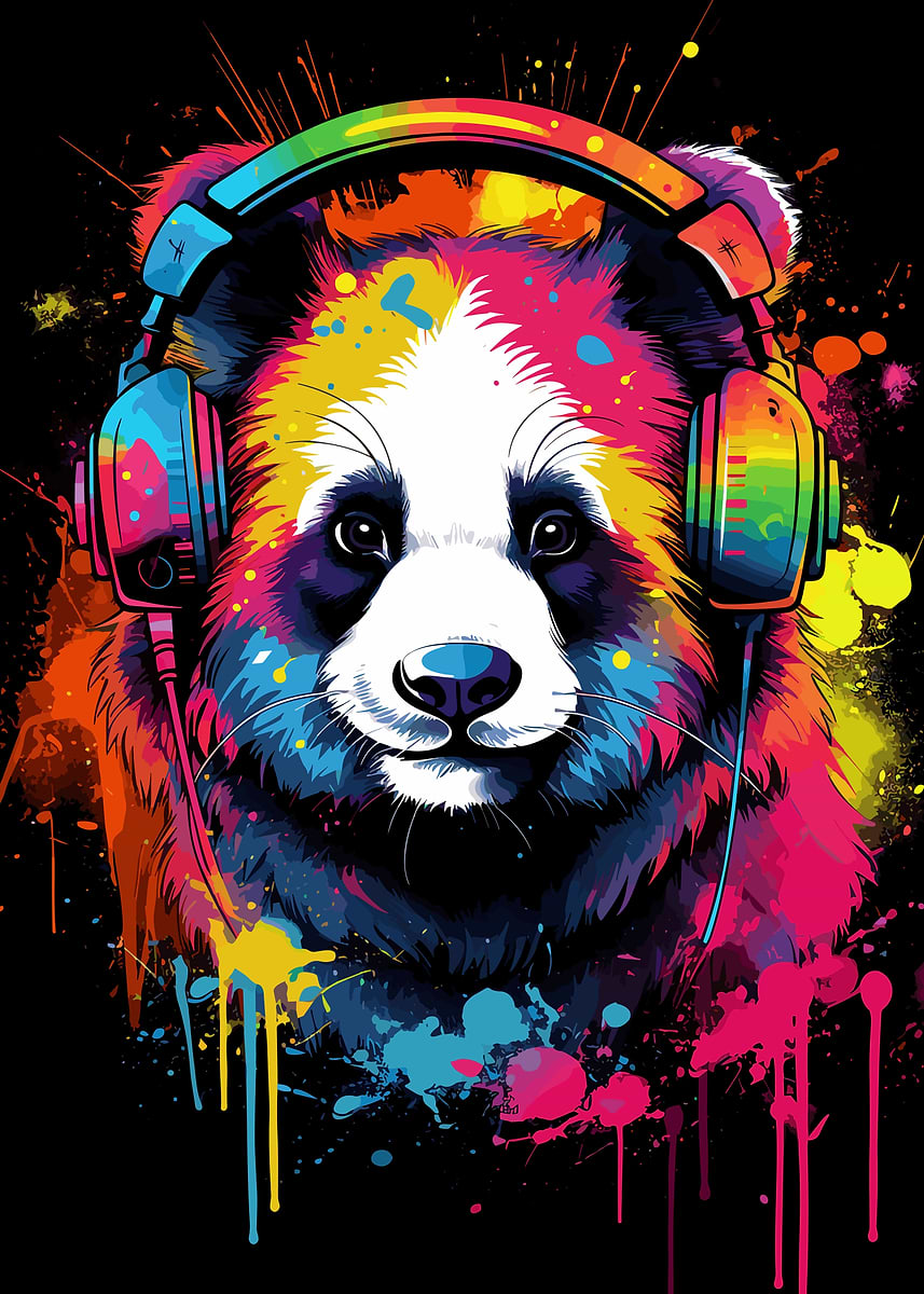 Panda With Headphones' Poster, picture, metal print, paint by
