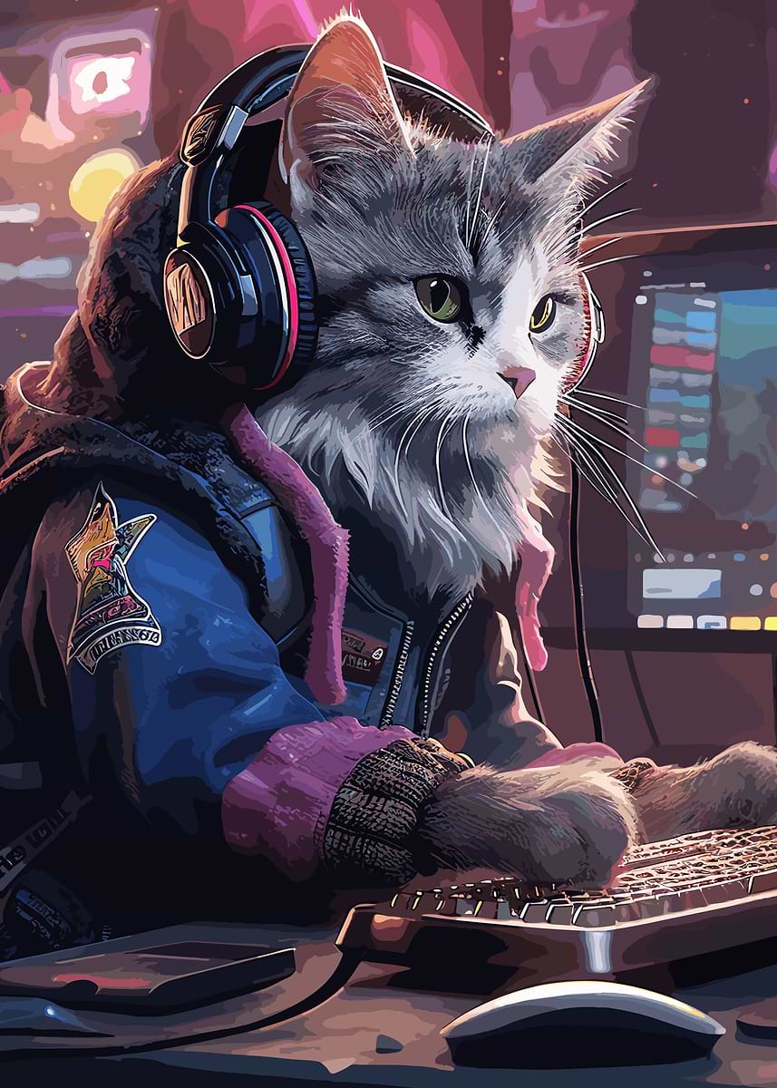 Gamer Cat' Poster, picture, metal print, paint by OliviaGrace