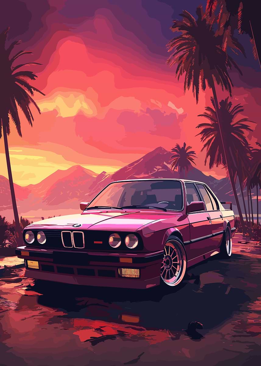 BMW E30 M3 Neon Beach Art — from the Trending Cars Retro collection, a Pixaverse metal print