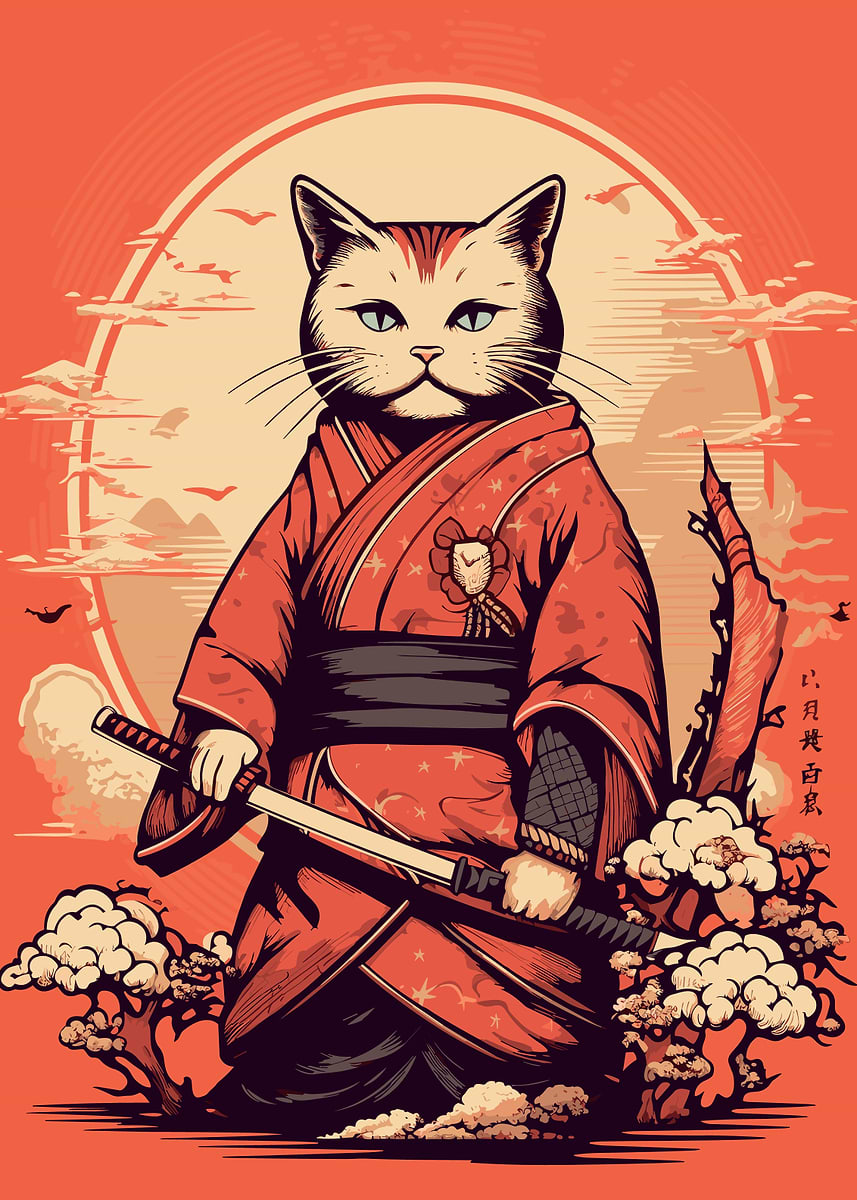 Japanese Cat Samurai' Poster, picture, metal print, paint by Neo