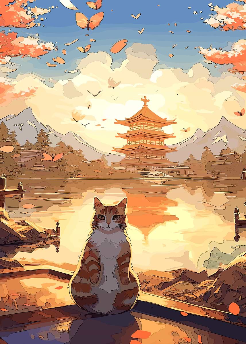 cat japanese landscape' Poster, picture, metal print, paint