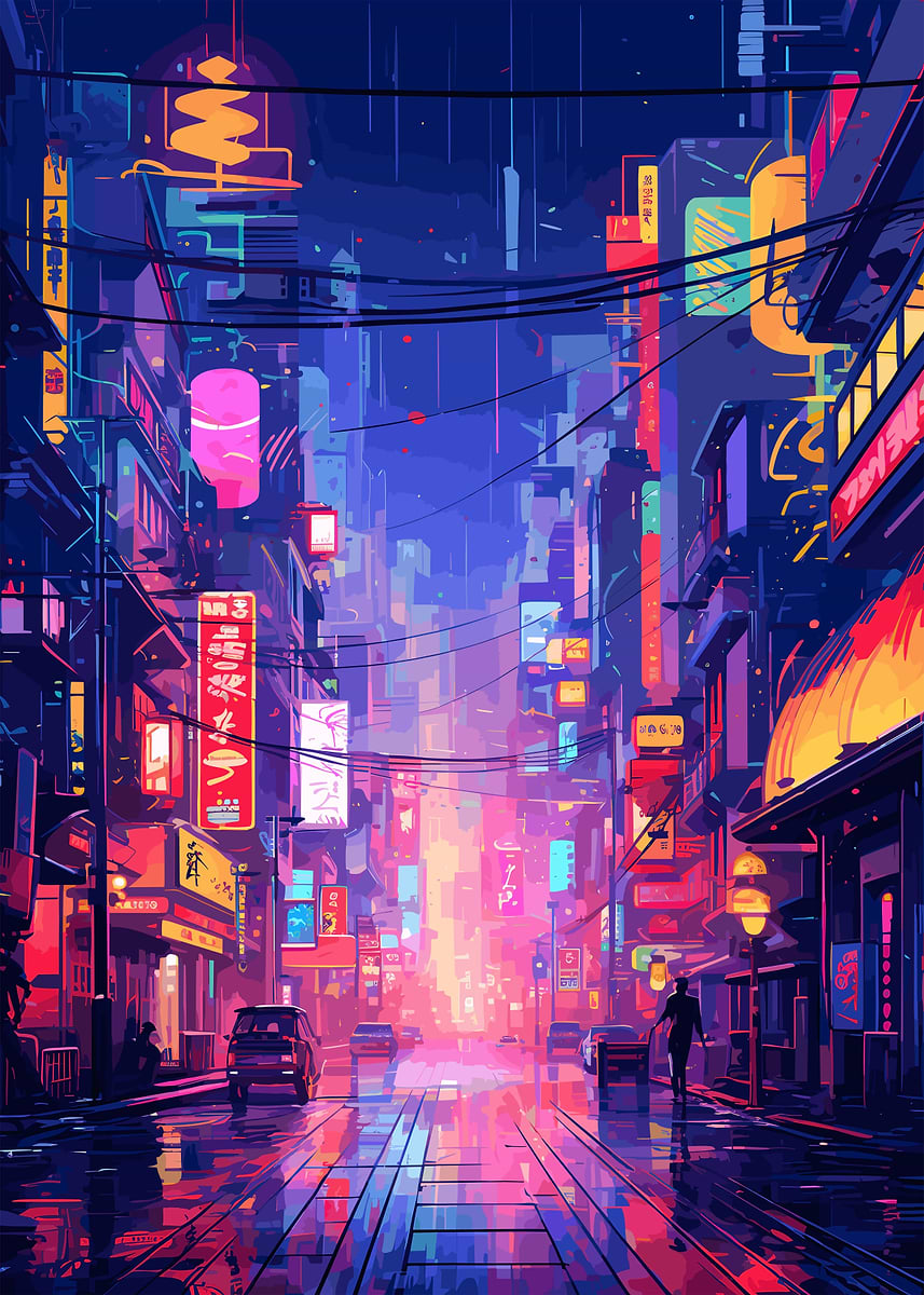 Tokyo Neon City' Poster, picture, metal print, paint by Susan