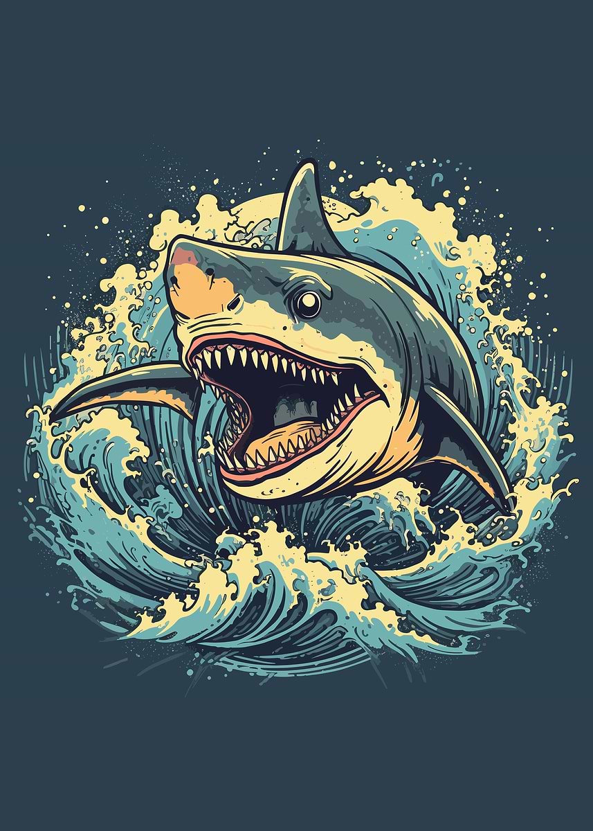 Shark Japan Great wave' Poster, picture, metal print, paint by