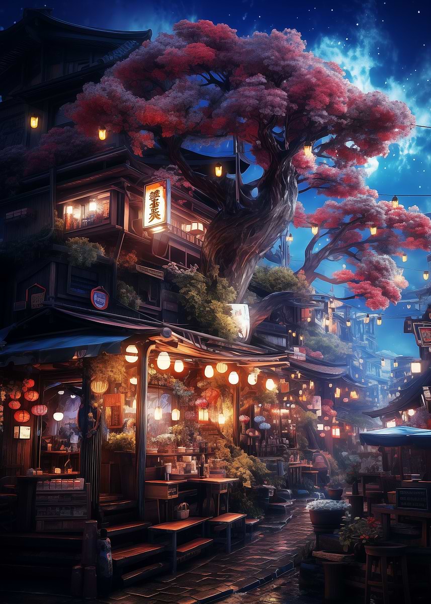 Japanese Sakura Market Art — from the Soul Of Japan collection, a Pixaverse metal print