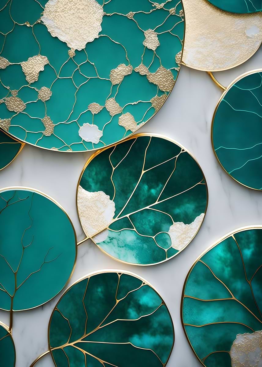 Abstract Geometric Leaves — from the Abstract Nature Kintsugi collection, a Pixaverse metal print