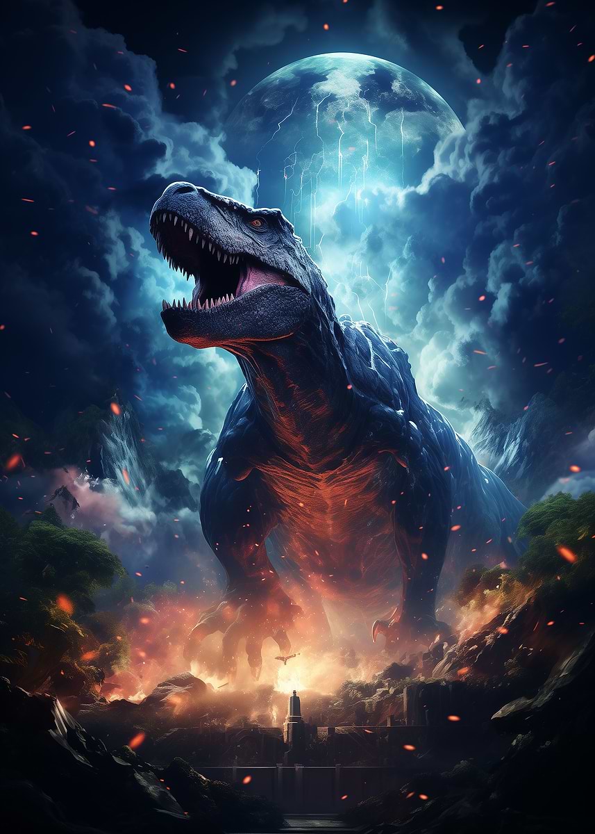 T Rex in Magical Storm' Poster, picture, metal print, paint by