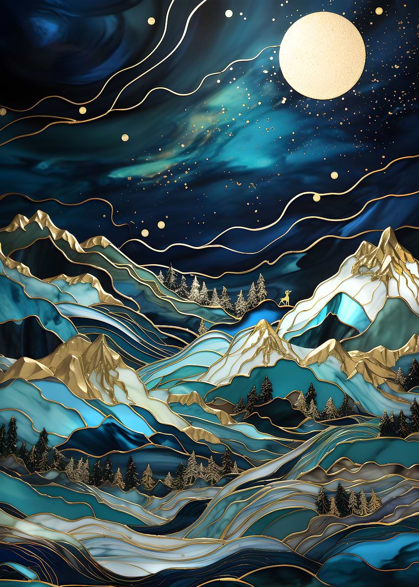 Starry Night Moonlit Peaks — from the Abstract Nature Kintsugi collection, a Pixaverse metal print