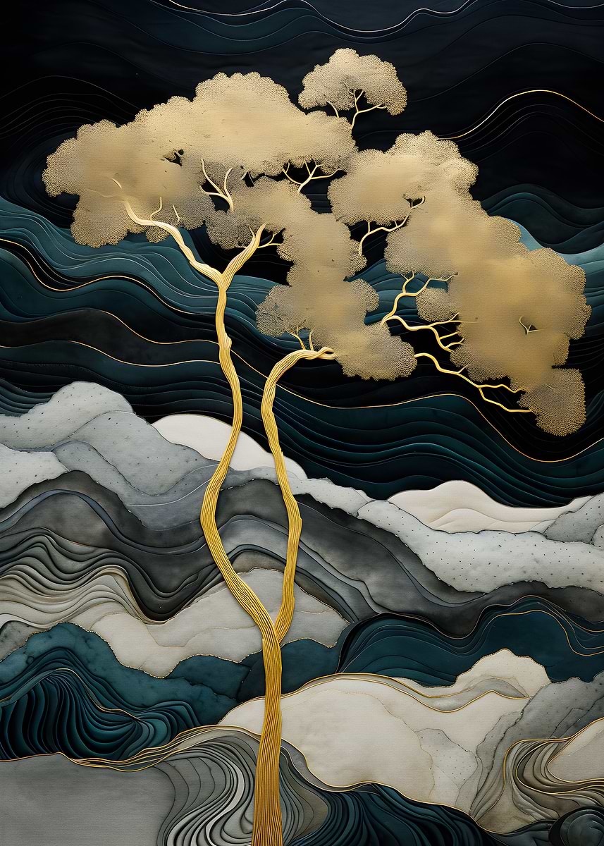 'tree gold abstract nature' Poster, picture, metal print, paint by ...