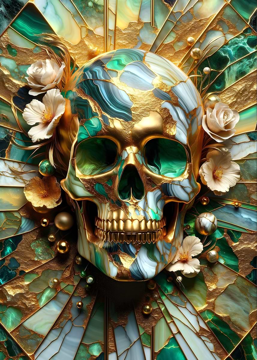 Abstract Floral Gold Skull — from the Abstract Nature Kintsugi collection, a Pixaverse metal print
