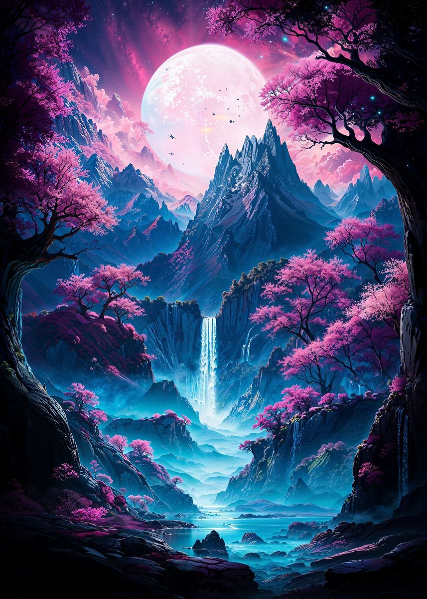 Neon Sakura Mountain Falls — from the Soul Of Japan collection, a Pixaverse metal print
