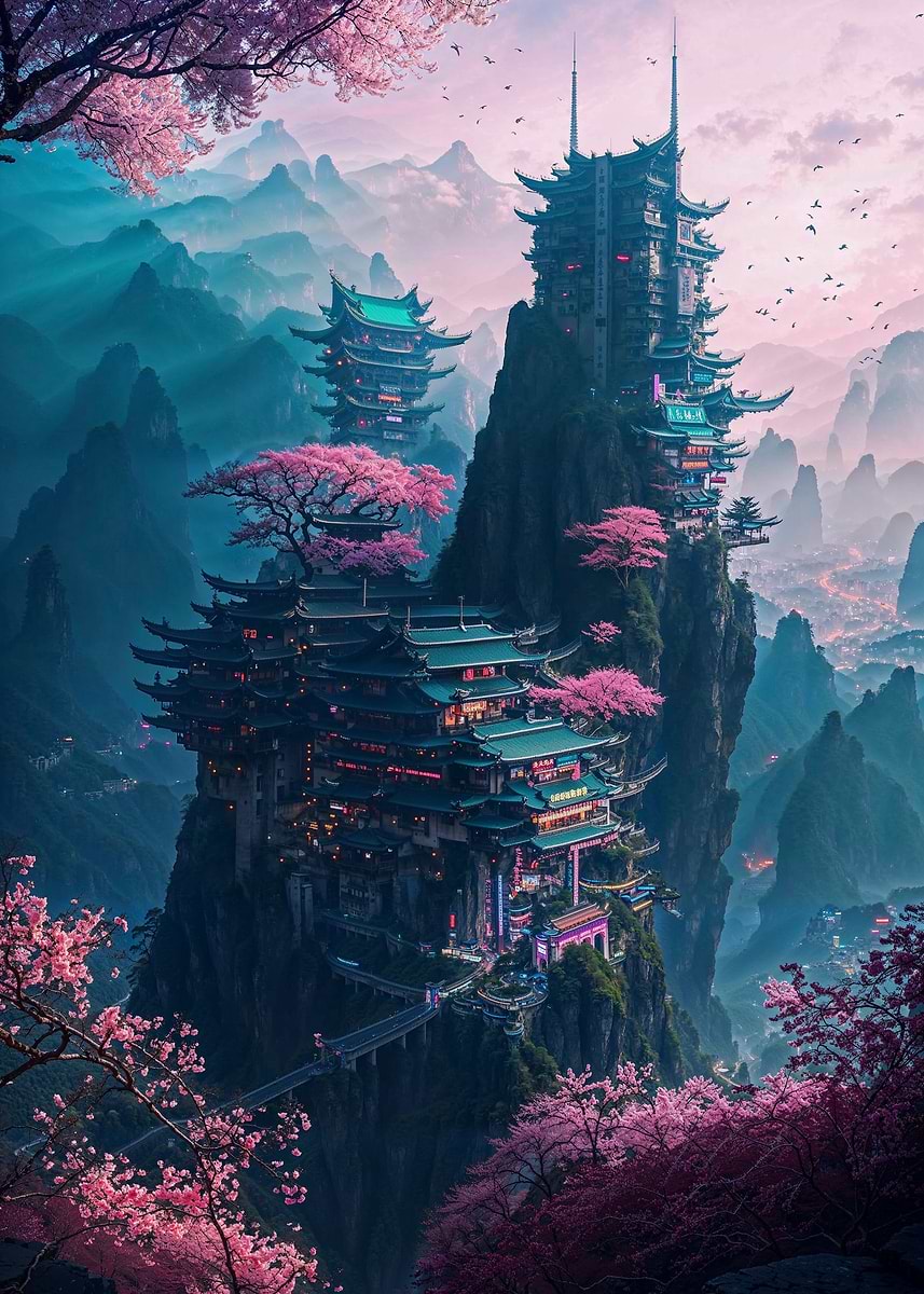 Neon Sakura Cityscape — from the Soul Of Japan collection, a Pixaverse metal print