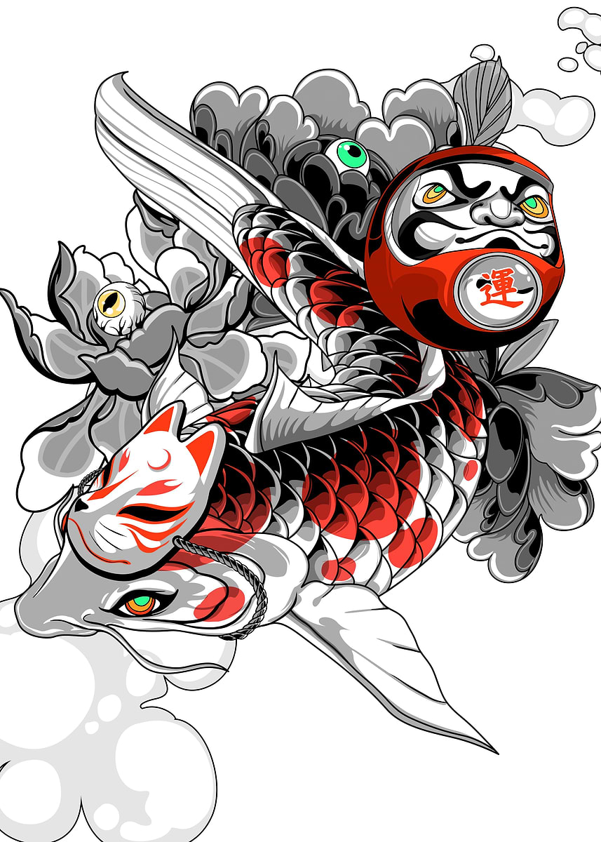 Koi and Daruma Tattoo Art' Poster, picture, metal print