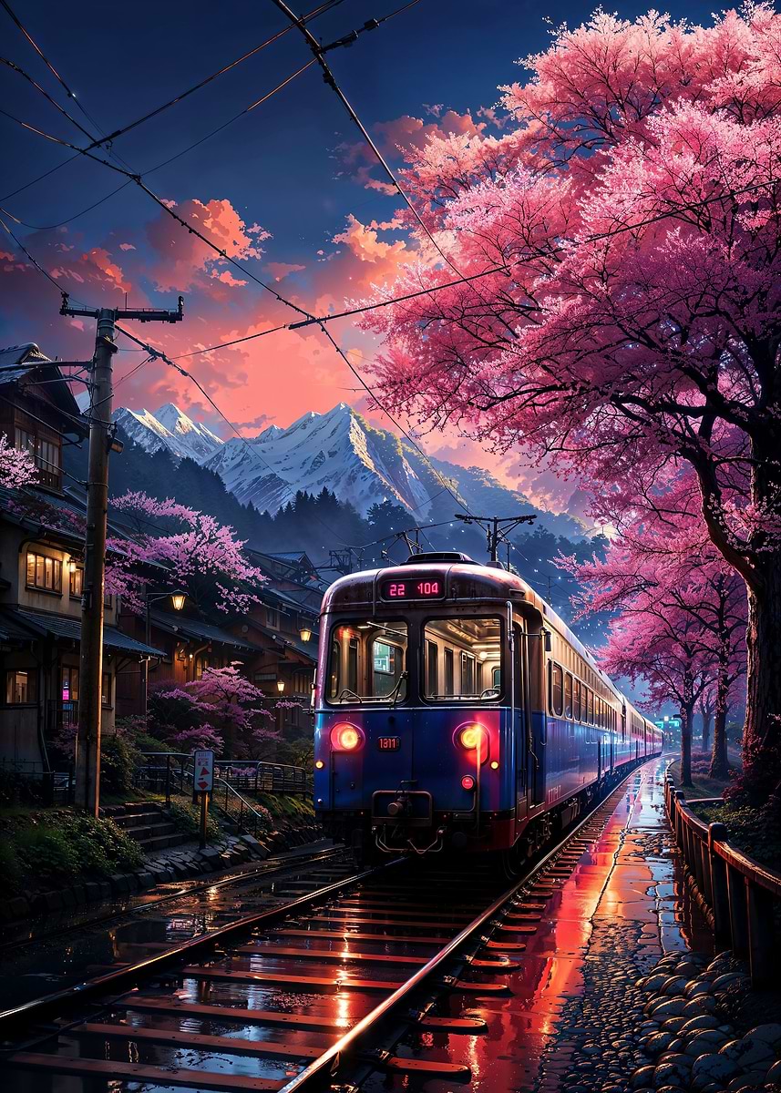 Sakura Sunset Express — from the Soul Of Japan collection, a Pixaverse metal print