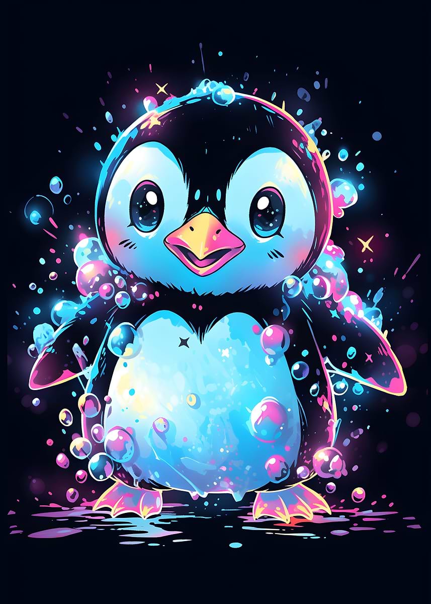 Epic Bubble Penguin' Poster, picture, metal print, paint by