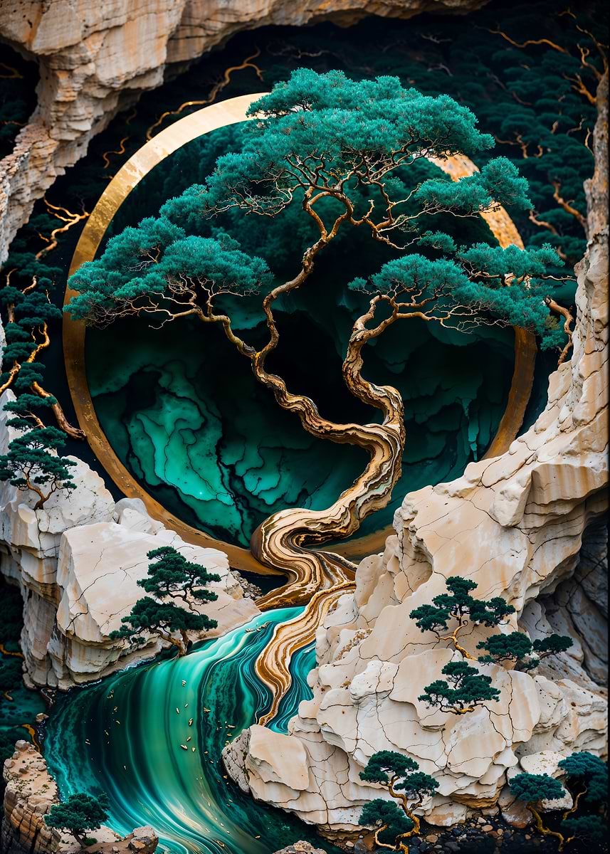 Mountain Tree Kintsugi Art — from the Abstract Nature Kintsugi collection, a Pixaverse metal print