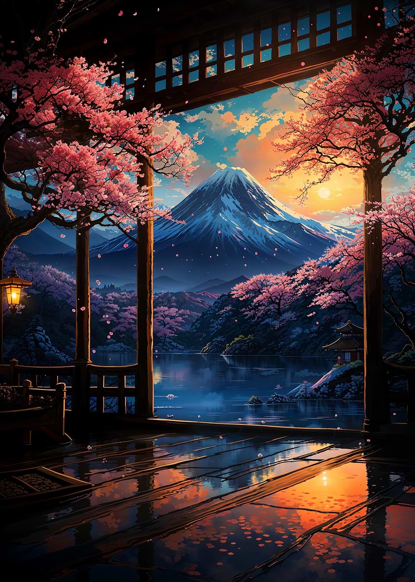 Japanese Sakura Sunset Art — from the Soul Of Japan collection, a Pixaverse metal print
